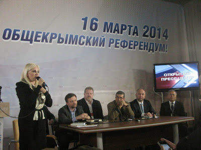 Observers of the Crimean “referendum”; Piskorski is first from left at table. March 16, 2014, Crimea ~