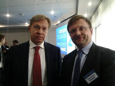 (L-R)) Head of State Duma Foreign Affairs Committee Aleksey Pushkov and Mateusz Piskorski at Third International Parliamentary Forum held in Moscow on June 26, 2014 ~